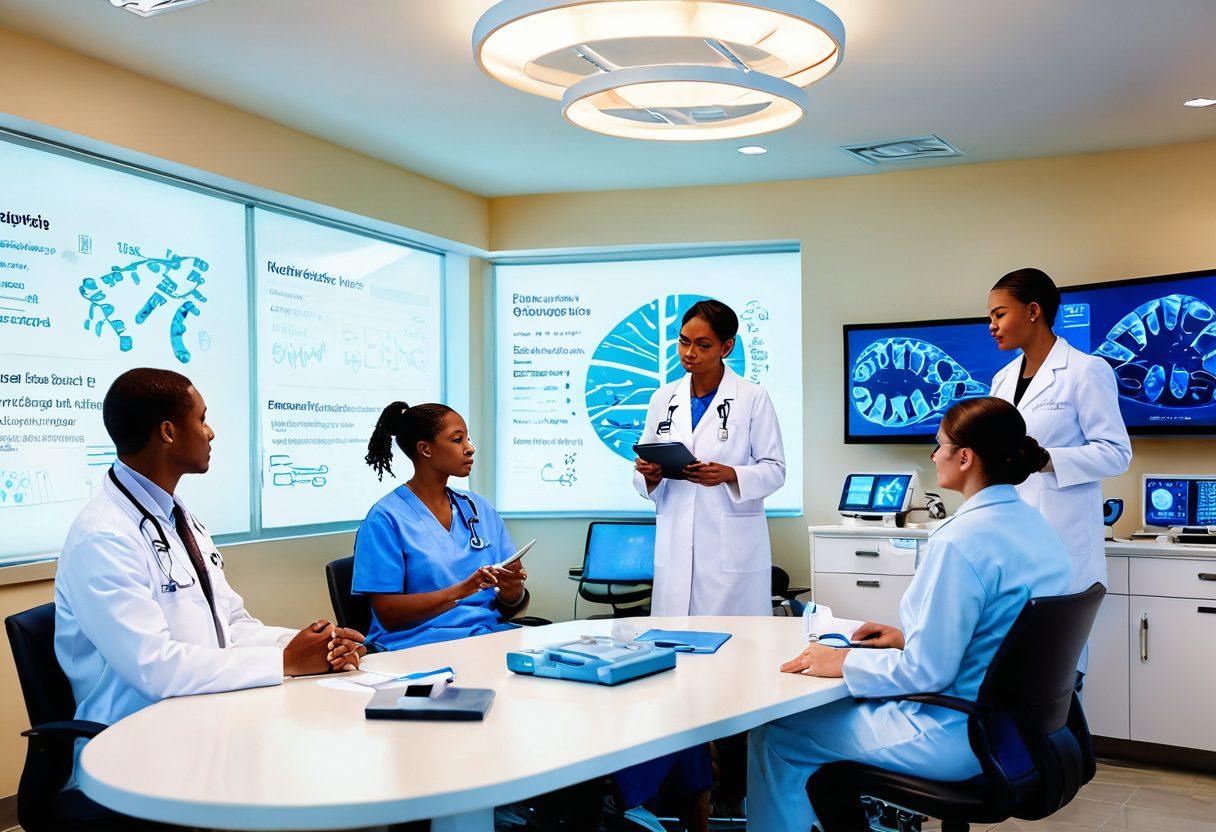 A serene healthcare scene showing a diverse group of healthcare professionals engaged in a discussion about cancer care, with a backdrop of advanced diagnostic equipment. Include an illustration of a DNA strand symbolizing early detection, alongside comforting support tools like a patient care booklet and supportive therapy items. Bright natural lighting to convey hope and community. super-realistic. vibrant colors. 3D.