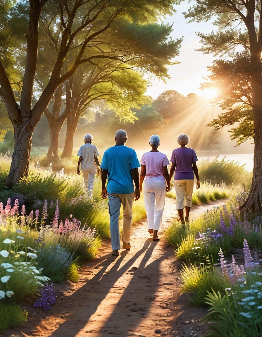 A serene landscape showcasing a diverse group of cancer patients and caregivers walking together on a sunlit path, surrounded by nature, symbolizing hope and support. Include elements like healing herbs, a representation of holistic health, and a gentle sunset in the background to evoke a sense of peace. Ethereal and uplifting atmosphere. vibrant colors. super-realistic.