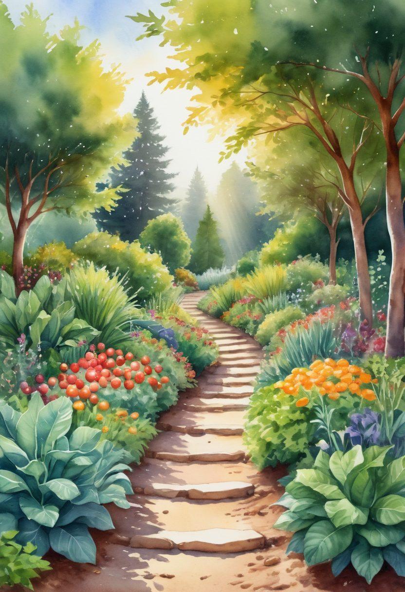 A serene landscape featuring a tranquil path through a lush garden filled with vibrant fruits and vegetables, symbolizing nutritional therapy's nurturing role in healing. In the foreground, a diverse group of people engaged in supportive conversation, showcasing the mental health aspect in cancer journeys. The setting sun casts a warm, hopeful glow, highlighting a sense of community and recovery. watercolor painting style. calming colors. natural elements.